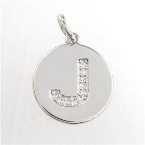 copper pendant paved zircon, letter J, platinum plated, approx 15mm dia [FDZN8982]