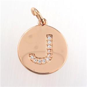 copper pendant paved zircon, letter J, rose gold, approx 15mm dia [FDZN8983]