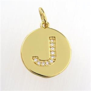 copper pendant paved zircon, letter J, gold plated, approx 15mm dia [FDZN8984]