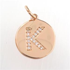 copper pendant paved zircon, letter K, rose gold, approx 15mm dia [FDZN8985]
