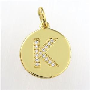 copper pendant paved zircon, letter K, gold plated, approx 15mm dia [FDZN8987]