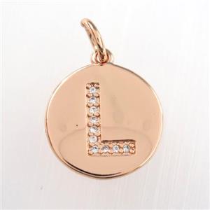 copper pendant paved zircon, letter L, rose gold, approx 15mm dia [FDZN8988]
