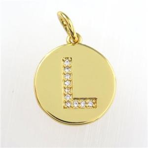 copper pendant paved zircon, letter L, gold plated, approx 15mm dia [FDZN8989]