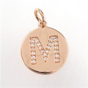 copper pendant paved zircon, letter M, rose gold, approx 15mm dia [FDZN8990]