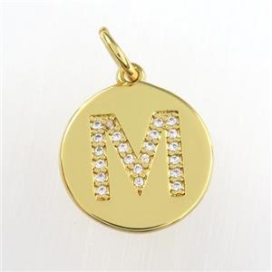 copper pendant paved zircon, letter M, gold plated, approx 15mm dia [FDZN8992]