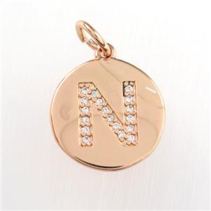copper pendant paved zircon, letter N, rose gold, approx 15mm dia [FDZN8993]