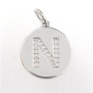 copper pendant paved zircon, letter N, platinum plated, approx 15mm dia [FDZN8994]