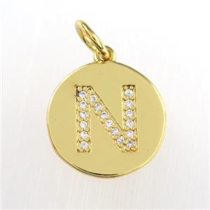 copper pendant paved zircon, letter N, gold plated, approx 15mm dia [FDZN8995]