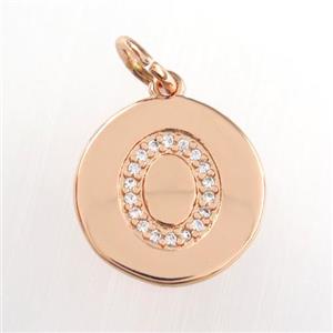 copper pendant paved zircon, letter O, rose gold, approx 15mm dia [FDZN8996]