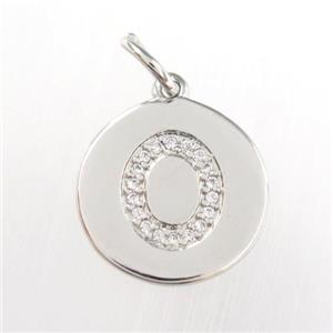 copper pendant paved zircon, letter O, platinum plated, approx 15mm dia [FDZN8997]