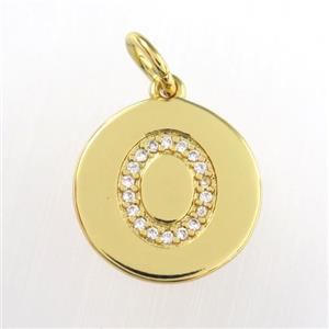 copper pendant paved zircon, letter O, gold plated, approx 15mm dia [FDZN8998]