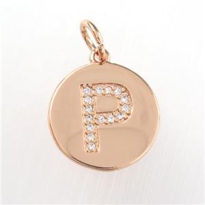 copper pendant paved zircon, letter P, rose gold, approx 15mm dia [FDZN8999]
