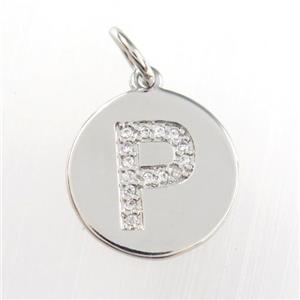 copper pendant paved zircon, letter P, platinum plated, approx 15mm dia [FDZN9000]