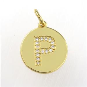 copper pendant paved zircon, letter P, gold plated, approx 15mm dia [FDZN9001]