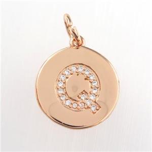 copper pendant paved zircon, letter Q, rose gold, approx 15mm dia [FDZN9002]