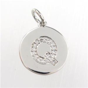 copper pendant paved zircon, letter Q, platinum plated, approx 15mm dia [FDZN9003]