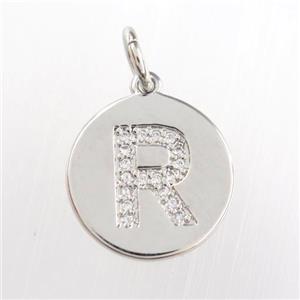 copper pendant paved zircon, letter R, platinum plated, approx 15mm dia [FDZN9005]