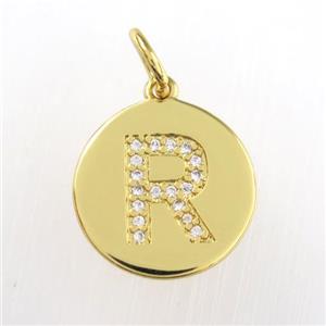copper pendant paved zircon, letter R, gold plated, approx 15mm dia [FDZN9006]