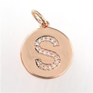 copper pendant paved zircon, letter S, rose gold, approx 15mm dia [FDZN9007]