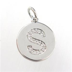 copper pendant paved zircon, letter S, platinum plated, approx 15mm dia [FDZN9008]