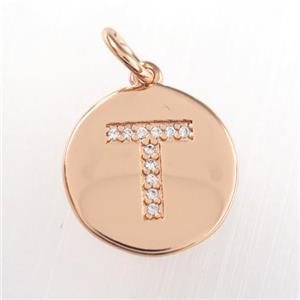 copper pendant paved zircon, letter T, rose gold, approx 15mm dia [FDZN9010]