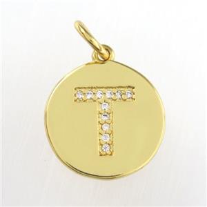 copper pendant paved zircon, letter T, gold plated, approx 15mm dia [FDZN9012]
