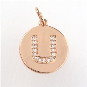 copper pendant paved zircon, letter U, rose gold, approx 15mm dia [FDZN9013]