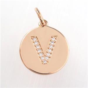 copper pendant paved zircon, letter V, rose gold, approx 15mm dia [FDZN9016]