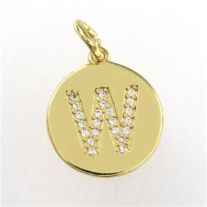 copper pendant paved zircon, letter W, gold plated, approx 15mm dia [FDZN9021]