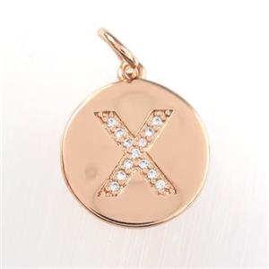 copper pendant paved zircon, letter X, rose gold, approx 15mm dia [FDZN9022]