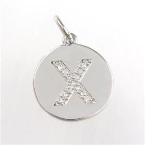 copper pendant paved zircon, letter X, platinum plated, approx 15mm dia [FDZN9023]