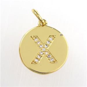 copper pendant paved zircon, letter X, gold plated, approx 15mm dia [FDZN9024]