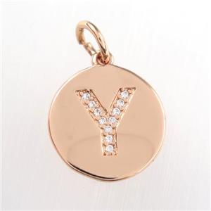 copper pendant paved zircon, letter Y, rose gold, approx 15mm dia [FDZN9025]
