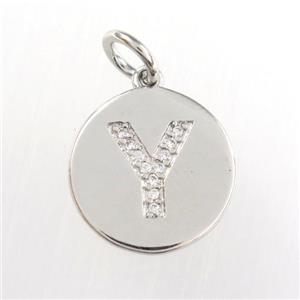 copper pendant paved zircon, letter Y, platinum plated, approx 15mm dia [FDZN9026]