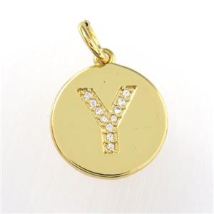 copper pendant paved zircon, letter Y, gold plated, approx 15mm dia [FDZN9027]