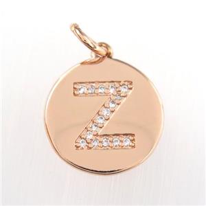 copper pendant paved zircon, letter Z, rose gold, approx 15mm dia [FDZN9028]