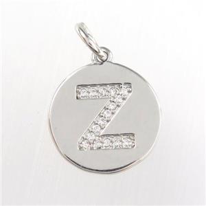 copper pendant paved zircon, letter Z, platinum plated, approx 15mm dia [FDZN9029]