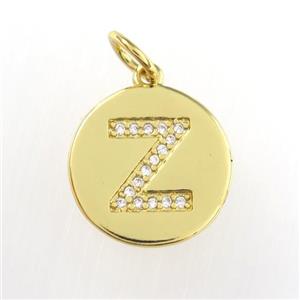 copper pendant paved zircon, letter Z, gold plated, approx 15mm dia [FDZN9030]