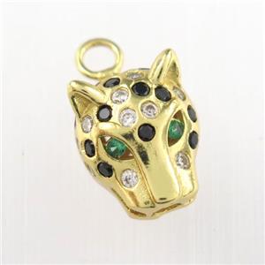 copper leopardHead pendant paved zircon, gold plated, approx 10-12mm [FDZN9048]