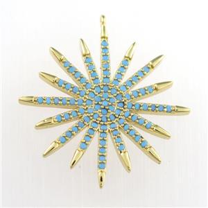 copper starburst pendant paved zircon, turq, gold plated, approx 25mm dia [FDZN9051]