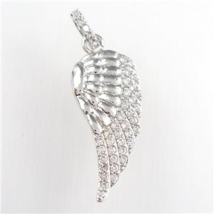 copper angel wing pendant paved zircon, platinum plated, approx 13-28mm [FDZN9059]
