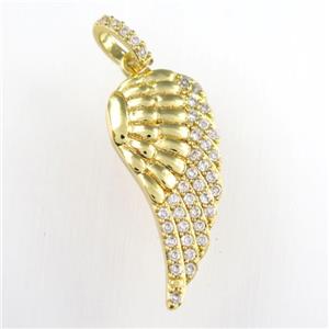 copper angel wing pendant paved zircon, gold plated, approx 13-28mm [FDZN9060]