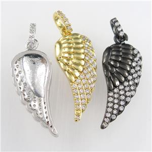 copper angel wing pendant paved zircon, mixed color, approx 13-28mm [FDZN9062]