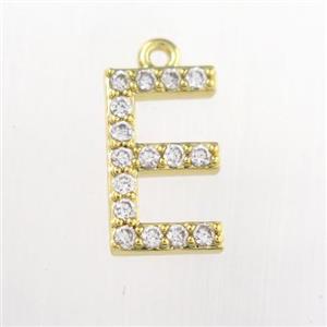 copper pendant paved zircon, letter E, gold plated, approx 9-13mm [FDZN9077]