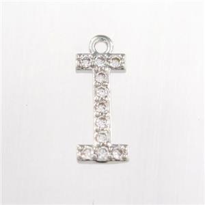 copper pendant paved zircon, letter I, platinum plated, approx 9-13mm [FDZN9081]