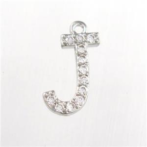 copper pendant paved zircon, letter J, platinum plated, approx 9-13mm [FDZN9082]