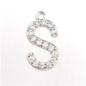 copper pendant paved zircon, letter S, platinum plated, approx 9-13mm [FDZN9090]