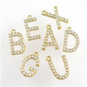 copper pendant paved zircon, MIXED letter, gold plated, approx 9-13mm [FDZN9095]