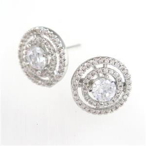 copper earring studs paved zircon, platinum plated, approx 13mm dia [FDZN9104]