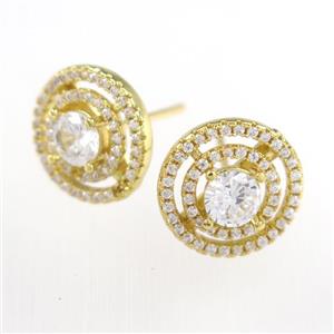 copper earring studs paved zircon, gold plated, approx 13mm dia [FDZN9105]